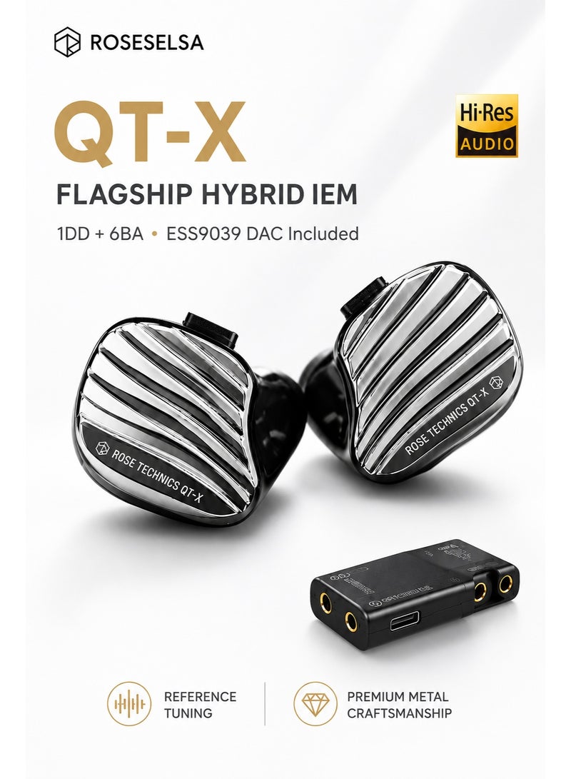 ROSESELSA QT-X Flagship Hybrid IEM Earphones, 1DD + 6BA HiFi In-Ear Monitors With ESS9039 USB-C DAC, Studio-Grade Wired Audiophile Earphones, CNC Metal Shell, Detachable 0.78mm 2Pin Cable, Silver - Image 1