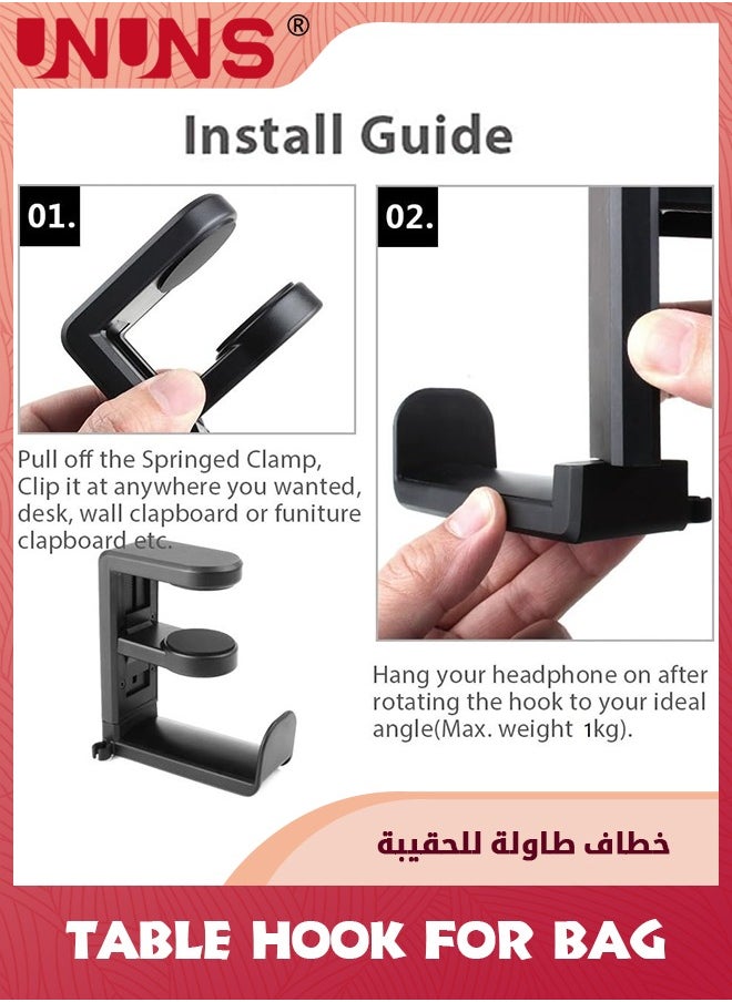 UNUNS - PC Gaming Headset Headphone Hook Holder Hanger Mount,Headphones Stand With Adjustable And Rotating Arm Clamp,Under Desk Design Universal Fit,Built In Cable Clip Organizer - Image 1