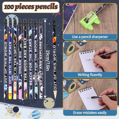 Kolewo4ever 148 Pieces Outer Space Theme Stationery Set100 Space Pencils Astronaut Pencils 24 Planet Rocket Mini Spiral Notepad Memo Pad 24 Space Ship Metal Charms Bookmarks - Image 3