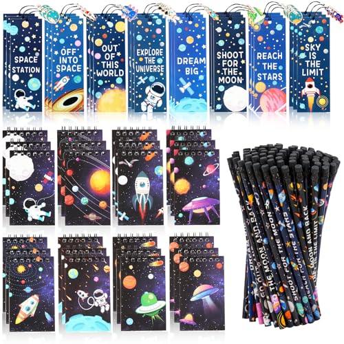 Kolewo4ever 148 Pieces Outer Space Theme Stationery Set100 Space Pencils Astronaut Pencils 24 Planet Rocket Mini Spiral Notepad Memo Pad 24 Space Ship Metal Charms Bookmarks - Image 1