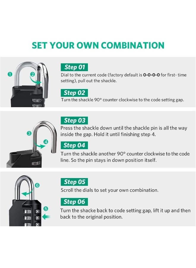 2 Pcs Combination Padlock with 4-Digit Smooth Dial, Heavy Duty Lock Weather Proof Padlock for Gym, School, Garage, Storage, Luggage Lockers (Black)