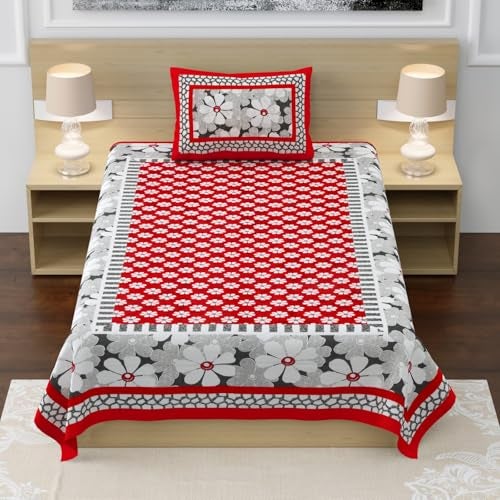 RajasthaniKart® Pure 100% Cotton Single Bed Sheet with 1 Pillow Cover (Bedsheet for Single Bed Cotton, Red Floral) - Image 2