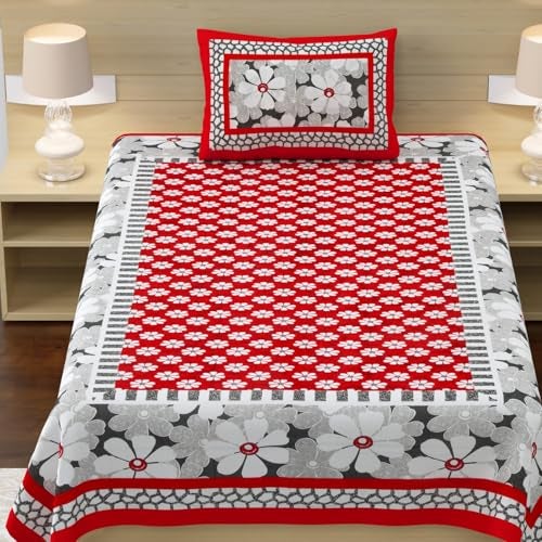 RajasthaniKart® Pure 100% Cotton Single Bed Sheet with 1 Pillow Cover (Bedsheet for Single Bed Cotton, Red Floral) - Image 3