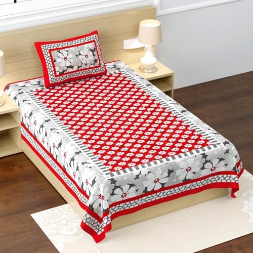 RajasthaniKart® Pure 100% Cotton Single Bed Sheet with 1 Pillow Cover (Bedsheet for Single Bed Cotton, Red Floral) - Image 1