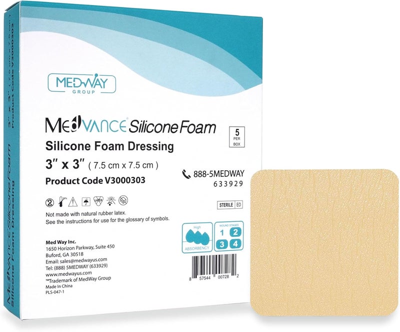 MedVance TM Silicone - Silicone Adhesive Foam Absorbent Dressing, 3"x3", Box of 5 dressings