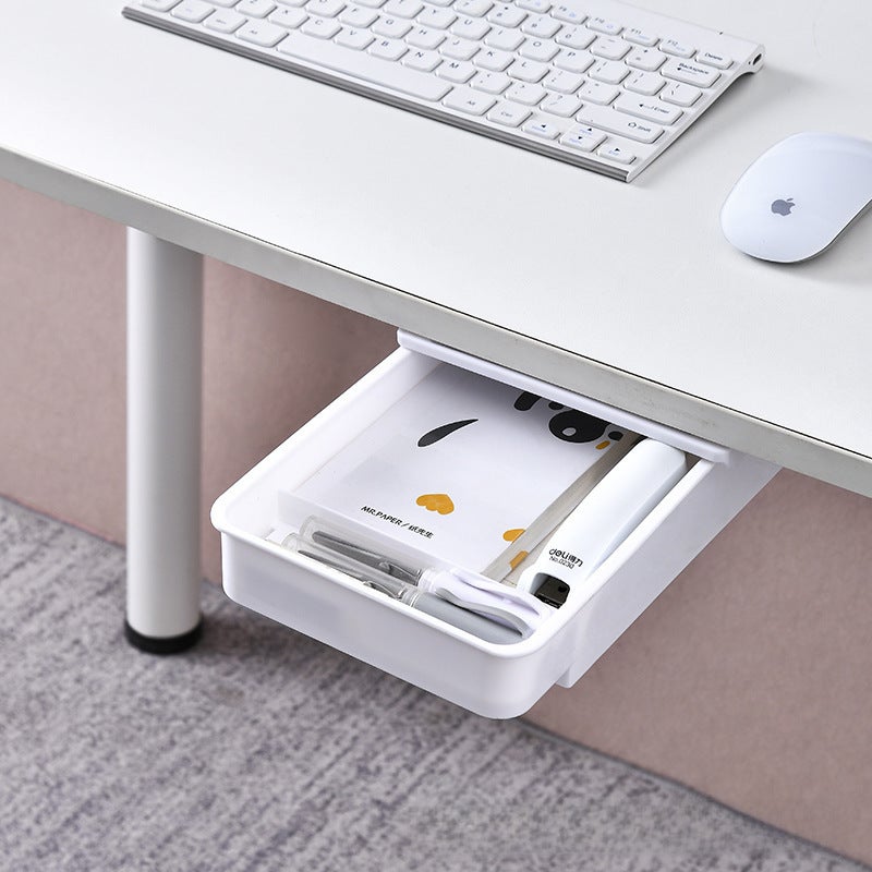 Under-The-Desk Invisible Drawer Storage Box Desktop Office Storage Computer Desk Dormitory Dressing Table Adhesive Organizing Box(White background gray cover, Large) - Image 4