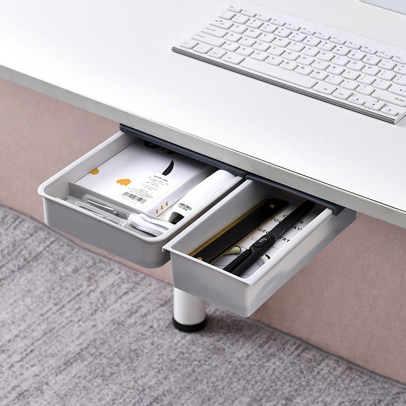 Under-The-Desk Invisible Drawer Storage Box Desktop Office Storage Computer Desk Dormitory Dressing Table Adhesive Organizing Box(White background gray cover, Large) - Image 3