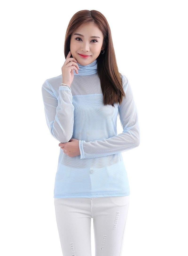إسكدنيا Lady's Long Sleeve Turtleneck Net Udershirt Slim-Fit Base Layer Shirt Light Blue - Image 1
