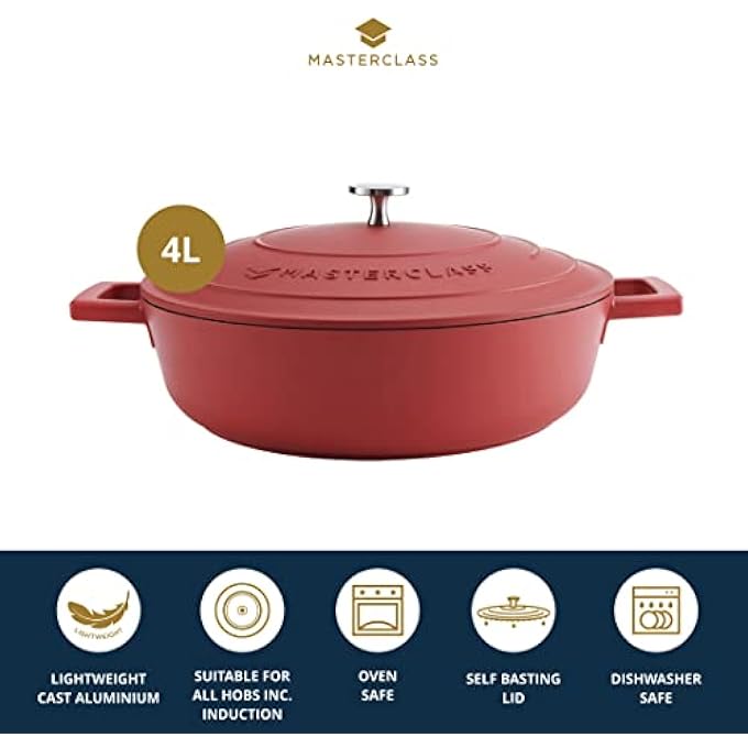 MASTERCLASS Shallow Casserole Dish With Lid 4L28 Cm Lightweight Cast Aluminium Induction Hob And Oven Safe Red - Image 3