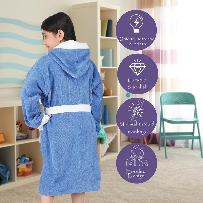 Rangoli Noble 100% Cotton Terry Kids Bathrobe, 400 GSM, Ultra Soft Plush Hooded Bathrobe for Girls 7-8 Years, Blue - Image 3