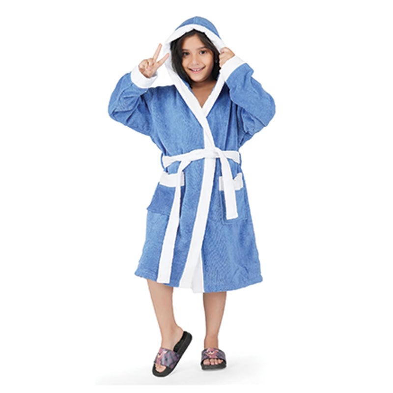 Rangoli Noble 100% Cotton Terry Kids Bathrobe, 400 GSM, Ultra Soft Plush Hooded Bathrobe for Girls 7-8 Years, Blue - Image 1