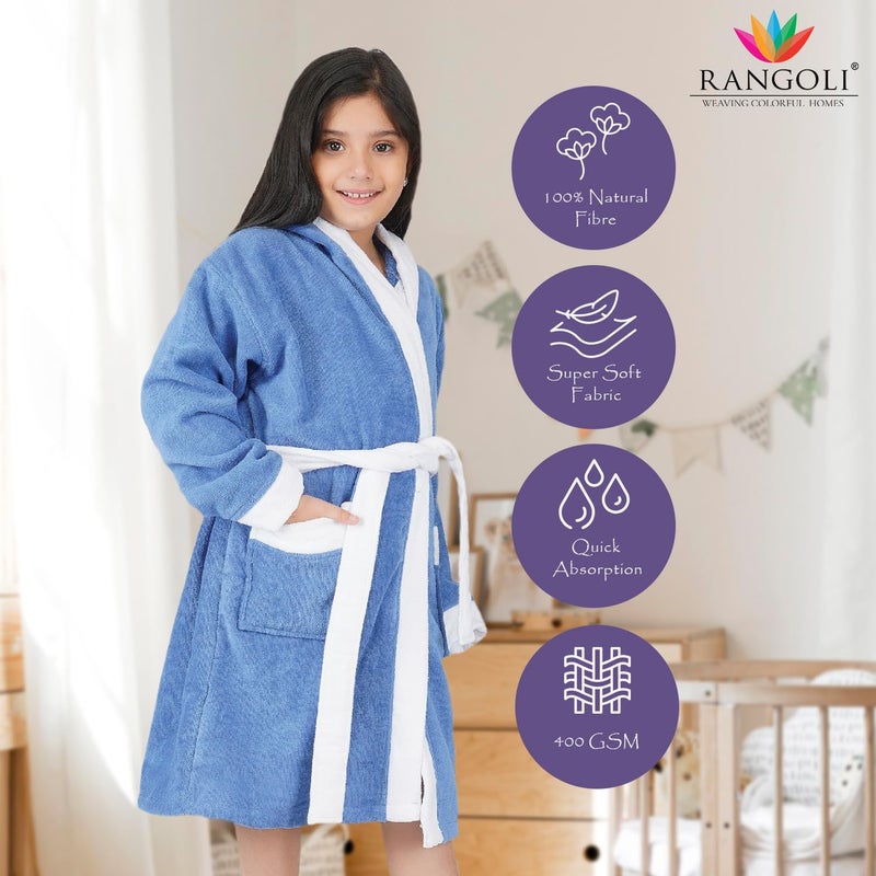 Rangoli Noble 100% Cotton Terry Kids Bathrobe, 400 GSM, Ultra Soft Plush Hooded Bathrobe for Girls 7-8 Years, Blue - Image 2