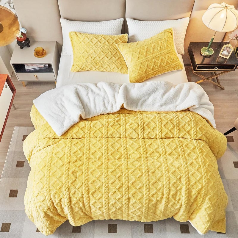 Joyreap 3-Piece Fluffy Faux Fur Sherpa Comforter Set, Twin Size Luxury Tufted Bedding Comforter Set, All Season Soft n Cozy Plush Comforter Bed Set- Yellow, 68x86 inches - Image 4