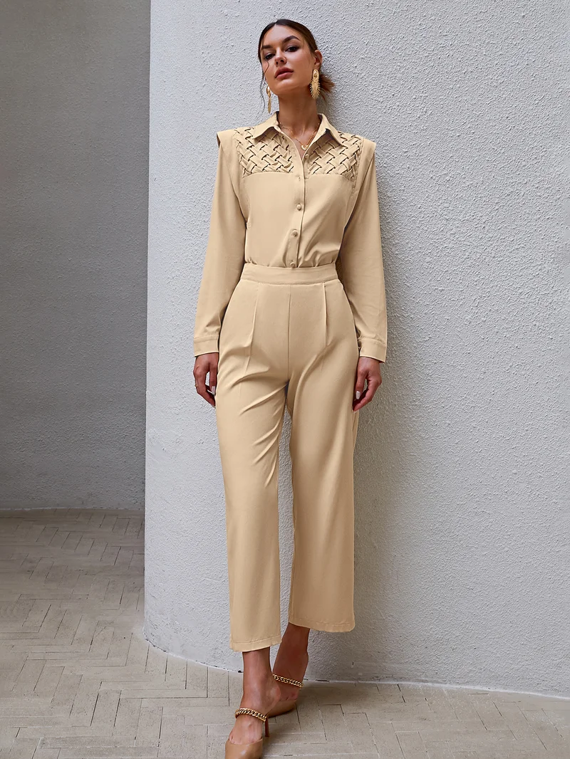 Simplee Two Piece Set Shirt Collar Long Sleeve High Waist Fitted Plaid Tweed Khaki Camel Office Elegant Olive Sand