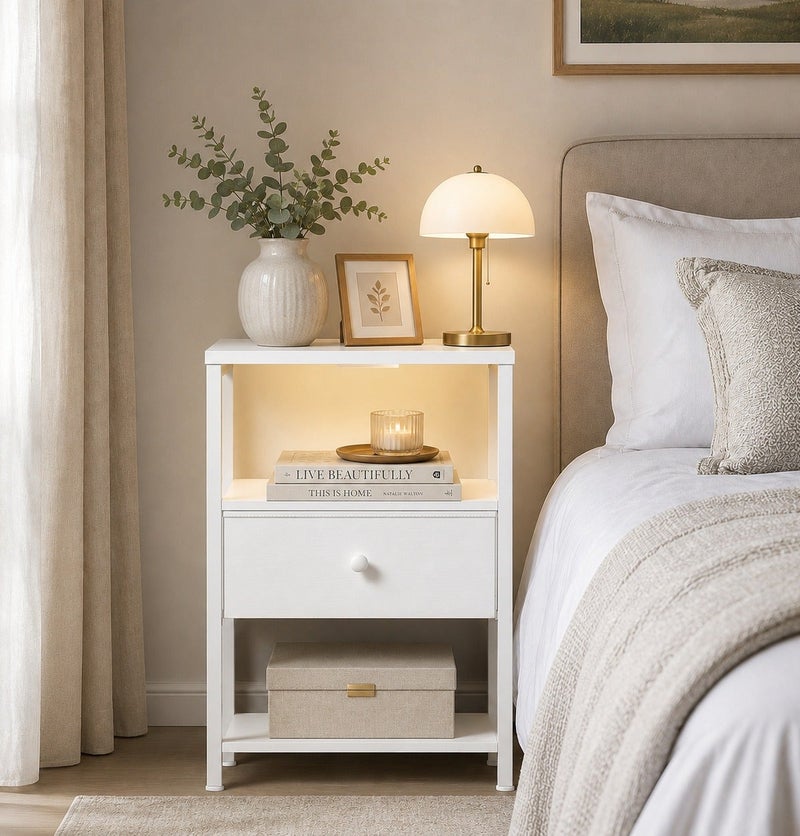 يانارا طاولة ليلية بيضاء مع محطة الشحن ، LED Night Stand مع أدراج نسيج ورف ، طاولة جنب السرير مع موانئ USB ومنافذ ، طاولة ليلية غرفة النوم الحديثة ، أسلوب الحد الأدنى الأبيض - Image 2