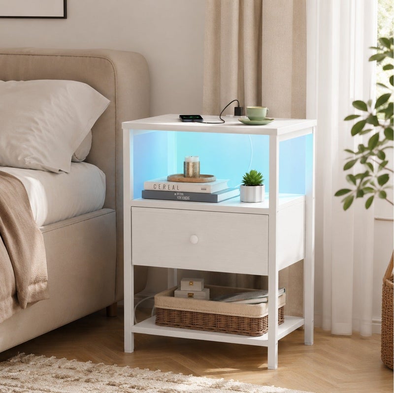 يانارا طاولة ليلية بيضاء مع محطة الشحن ، LED Night Stand مع أدراج نسيج ورف ، طاولة جنب السرير مع موانئ USB ومنافذ ، طاولة ليلية غرفة النوم الحديثة ، أسلوب الحد الأدنى الأبيض - Image 3