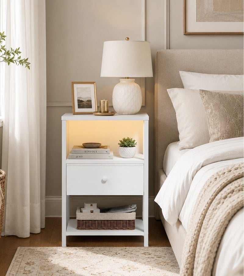 يانارا طاولة ليلية بيضاء مع محطة الشحن ، LED Night Stand مع أدراج نسيج ورف ، طاولة جنب السرير مع موانئ USB ومنافذ ، طاولة ليلية غرفة النوم الحديثة ، أسلوب الحد الأدنى الأبيض - Image 4