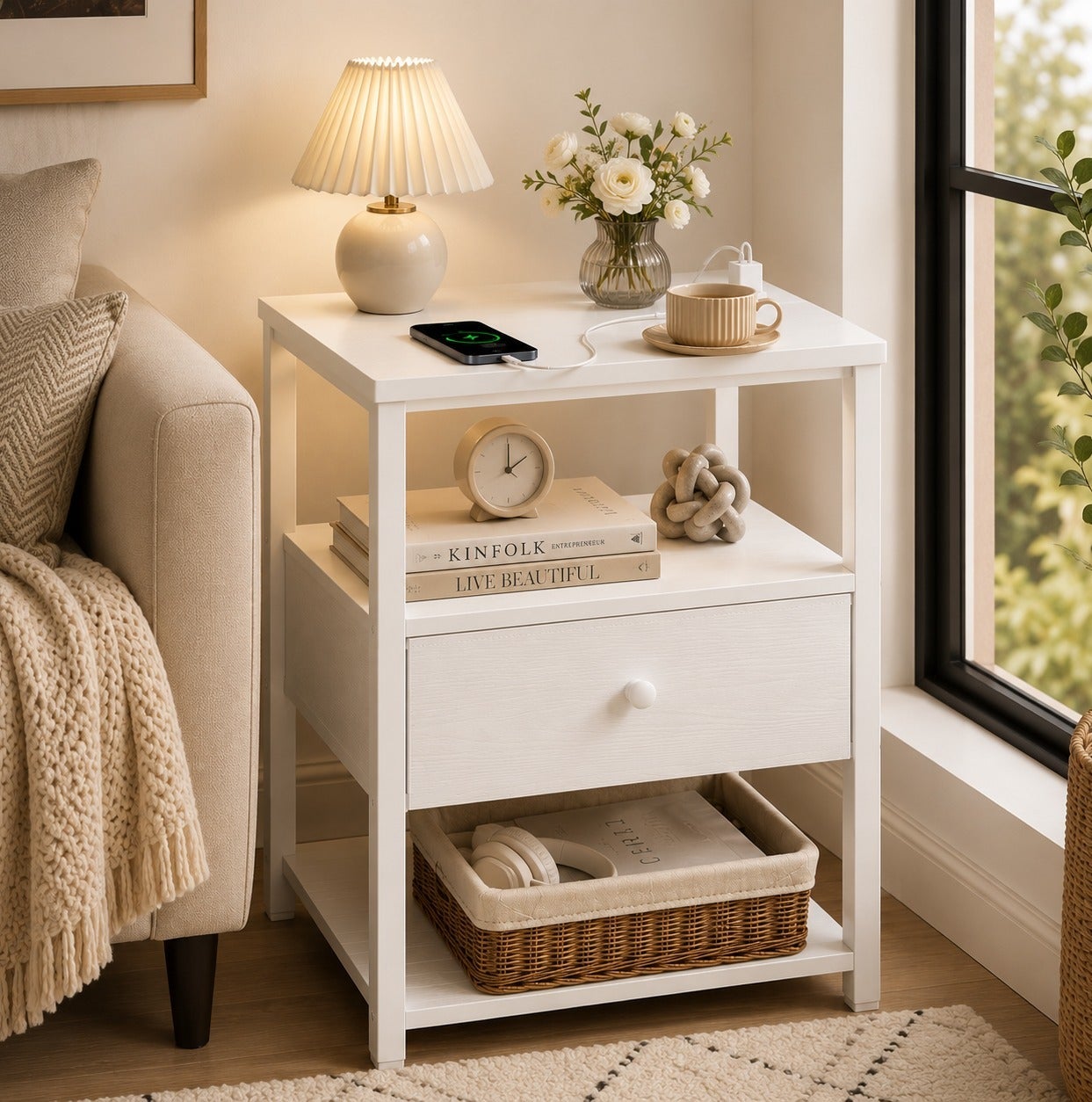 White Nightstand with Charging Station, LED Night Stand with Fabric Drawers and Shelf, Bedside Table with USB Ports and Outlets, Bedroom Nightstand Modern, White Minimalist Style