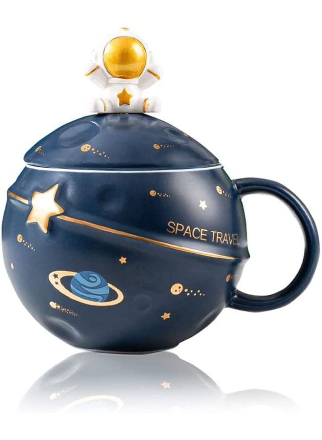 Arabest Astronaut Cup Space Embossed Planet Mug, Cute Ceramic Coffee Mug, Novelty Mug with Lid and Spoon for Coffee, Tea, Milk, Aesthetic Room Decor Funny Gift Birthday for Girl Boy Women (Dark blue) - Image 1