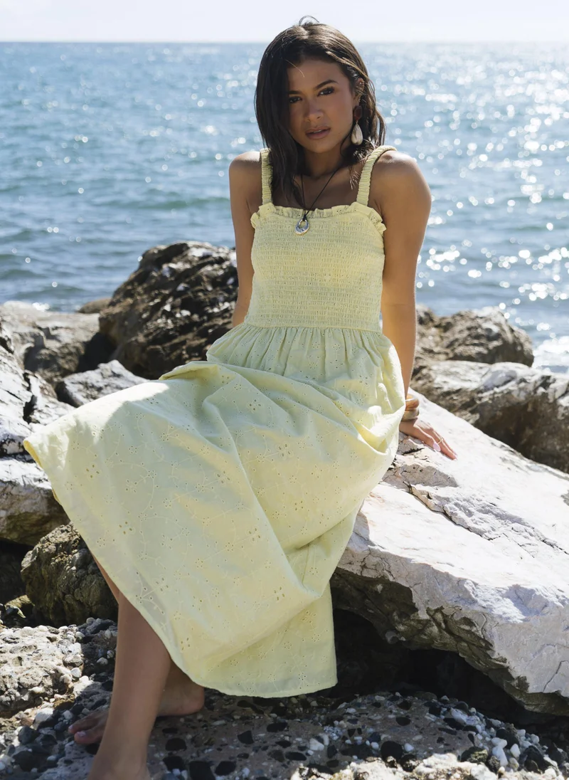 Gini London Yellow Embroidered Shirred Bodice Sun Dress