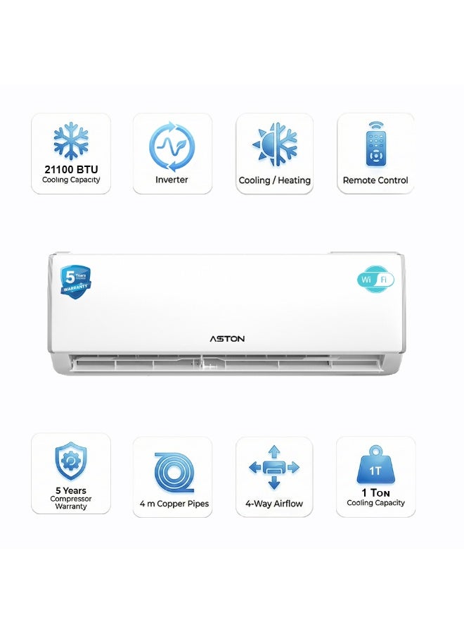 أستون مكيف هواء سبليت, 12100 وحدة , 1 طن, بارد فقط, واي فاي, عاكس - ASSAC12TL6V-I - Image 5