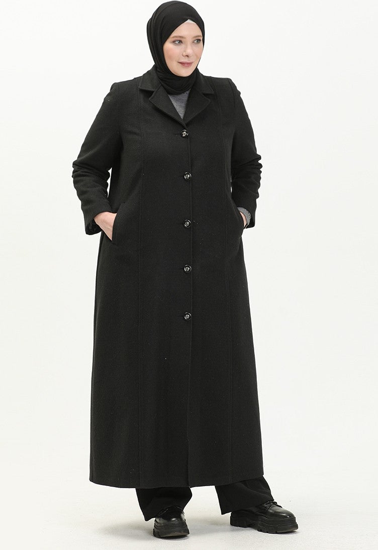 Sefa Merve Plus Size Buttoned Cashmere Coat 0176-01 Black - Image 1