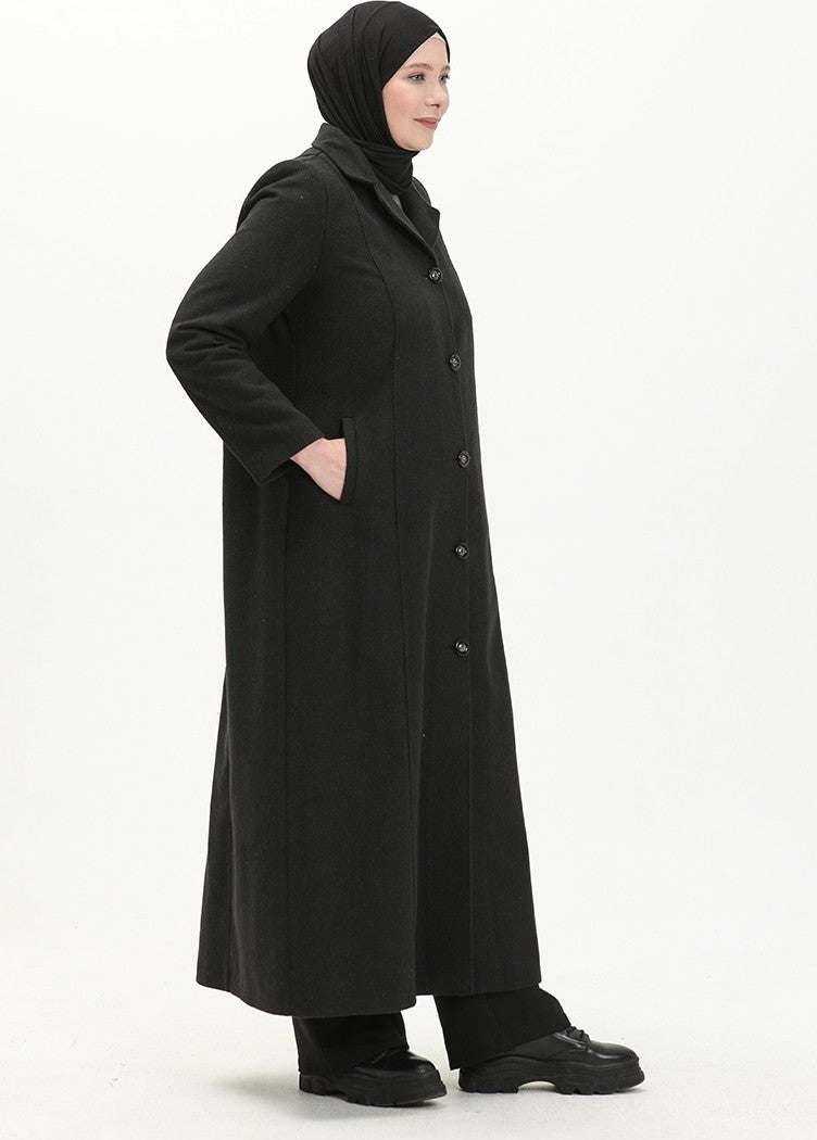 Sefa Merve Plus Size Buttoned Cashmere Coat 0176-01 Black - Image 2