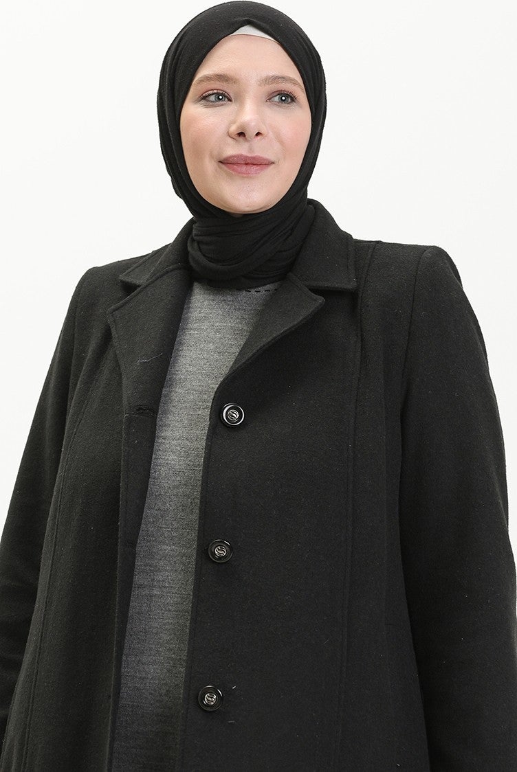 Sefa Merve Plus Size Buttoned Cashmere Coat 0176-01 Black - Image 4
