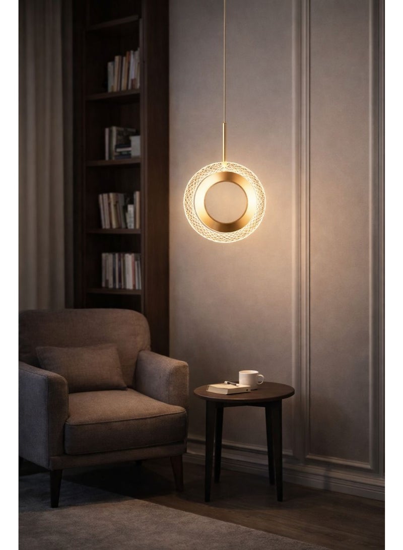 Modern circular hanging light made of aluminum and acrylic, featuring a luxurious golden ring design with a twenty-centimeter diameter - Image 4