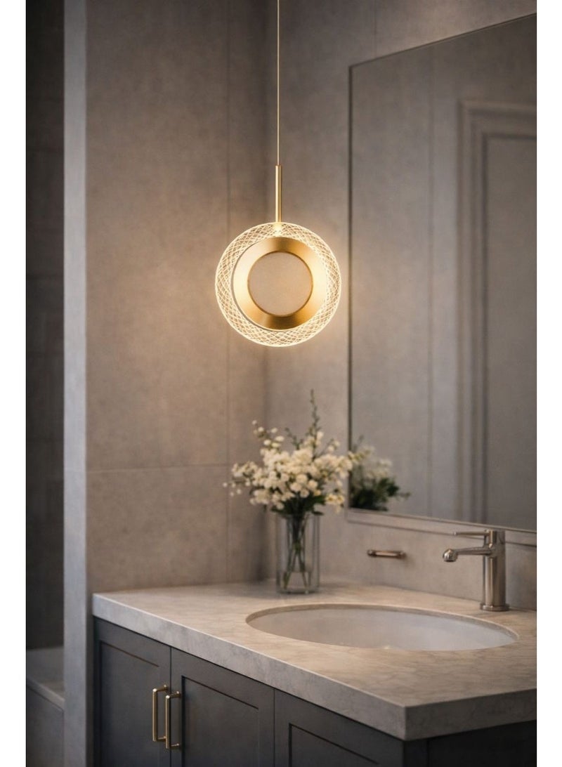 Modern circular hanging light made of aluminum and acrylic, featuring a luxurious golden ring design with a twenty-centimeter diameter - Image 3