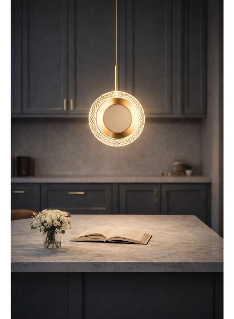 Modern circular hanging light made of aluminum and acrylic, featuring a luxurious golden ring design with a twenty-centimeter diameter - Image 1