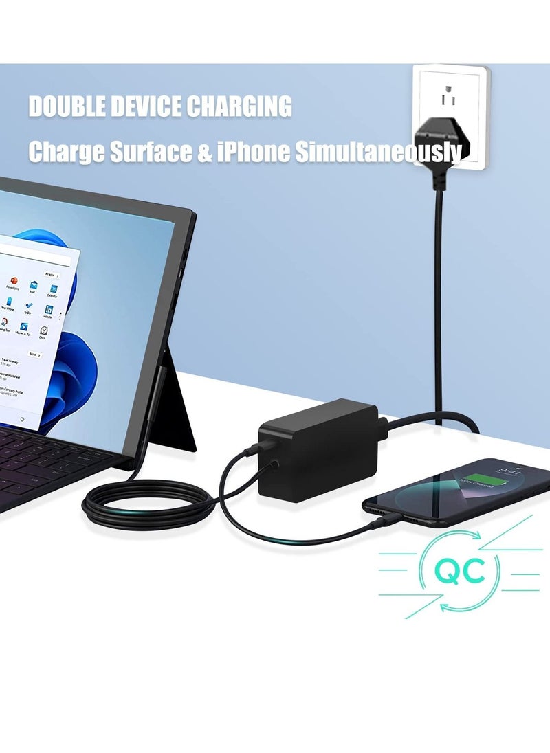 Generic - 44W Surface Pro Charger Compatible with Microsoft Surface Pro 3 4 5 6 7 X 8, Surface Laptop 1/2/3 Surface Go Surface Book Power Cord With 5V 1A USB Charging Port - Image 1