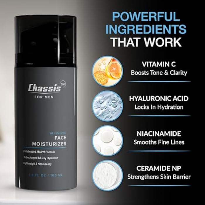 Chassis 360 All-In-One Face Moisturizer - Hydrating Face Moisturizer for Men with Vitamin, Niacinamide C & Hyaluronic Acid - Free From Phthalates, Parabens & Retinol - Facial Lotion- 3.4 Fl Oz - Image 4