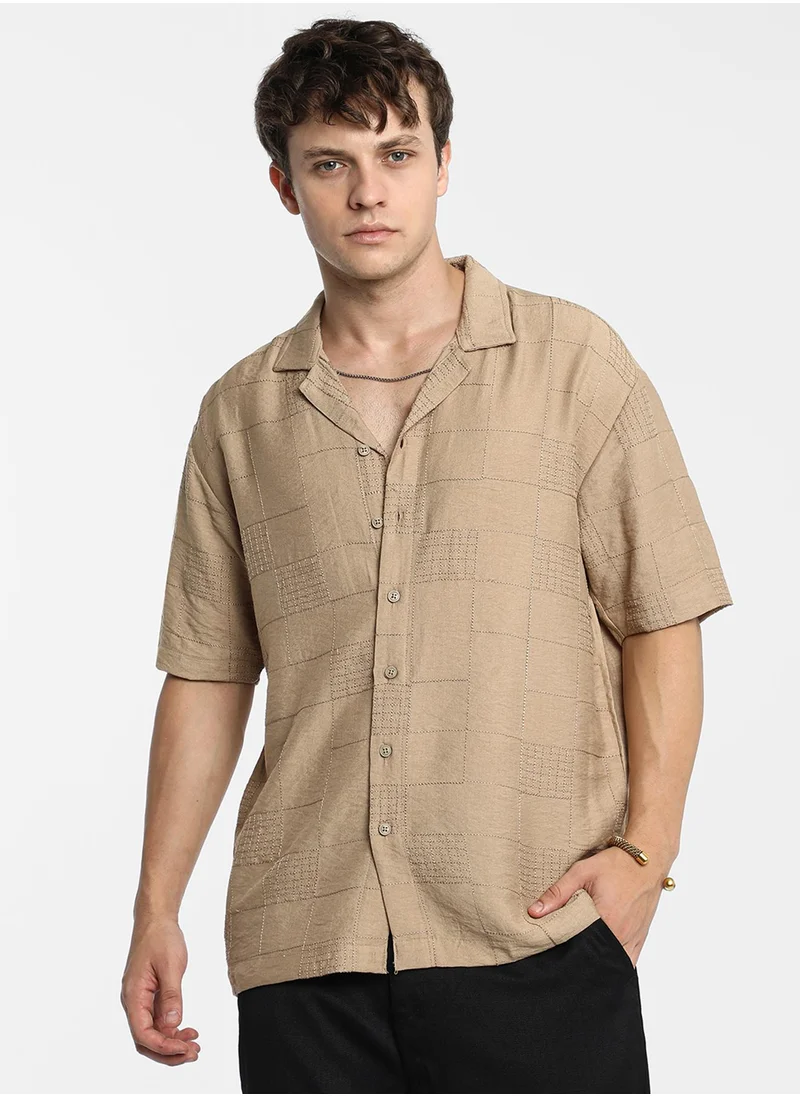 Campus Sutra Men's Tan Brown Graph-Tactile Oversized Shirt