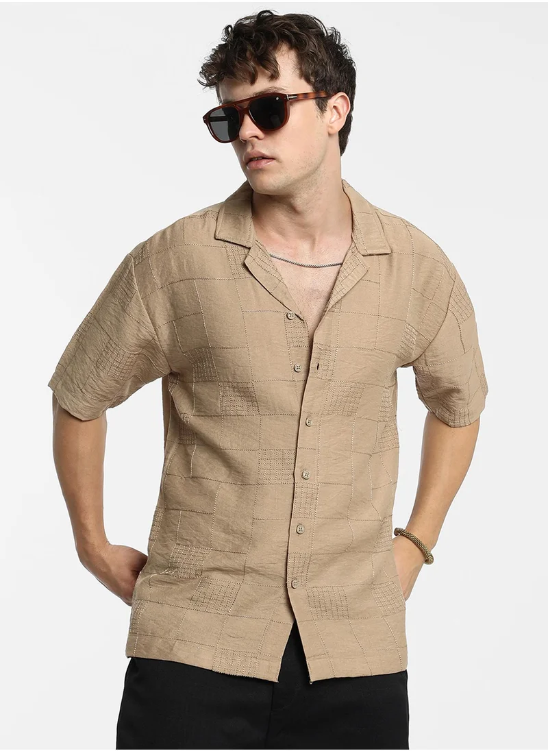 Campus Sutra Men's Tan Brown Graph-Tactile Oversized Shirt