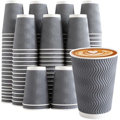 Clawsoff Coffee Cups 12 oz 120 Pack Corrugated Insulated Ripple Wall Disposable Paper Coffee Cups 12oz To Go for Hot Beverage or Cold Drinks OfficeHomeCafePartyTravel Gray
