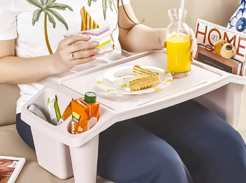 FITTO Desk Lap Tray Table with 3 Compartments, Versatile Bed Tray, Sofa Table with Side Pockets for Snacks, Tablets, Toys, and Reading - Perfect Portable Work Surface, Plastic, Grey - Image 4