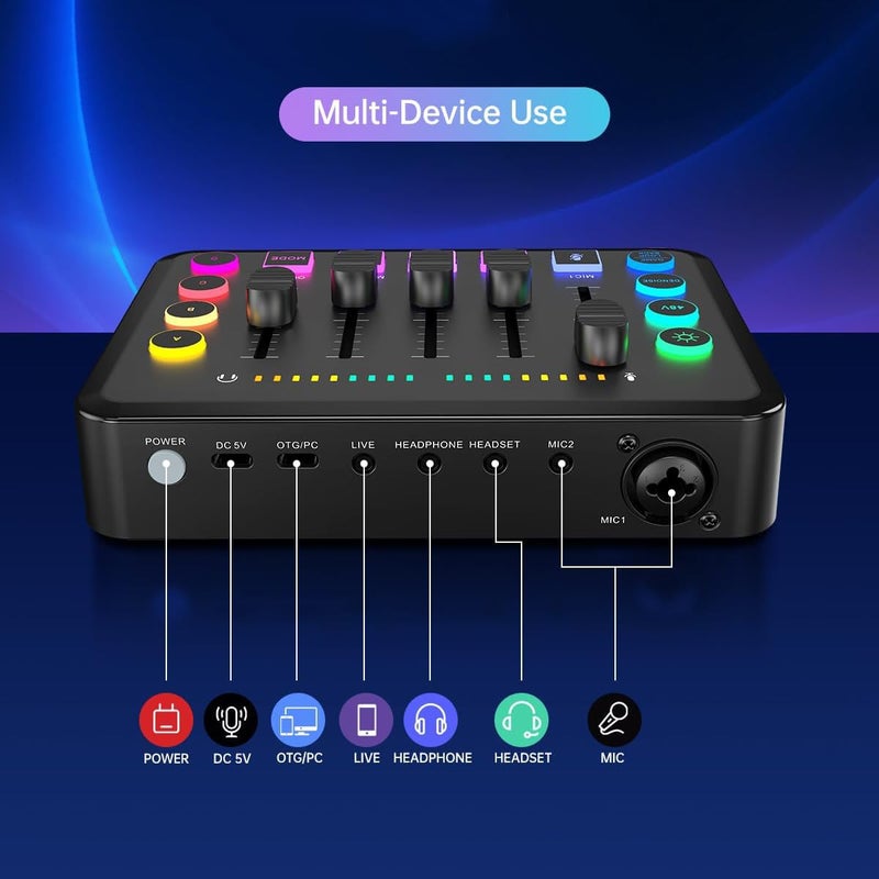 F9 Rechargeable Live Sound Card Audio Interface – USB Audio Mixer with XLR Microphone Input, 48V Phantom Power, DSP Noise Reduction & Voice Changer for Podcast, Streaming, Recording & Gaming - Image 4