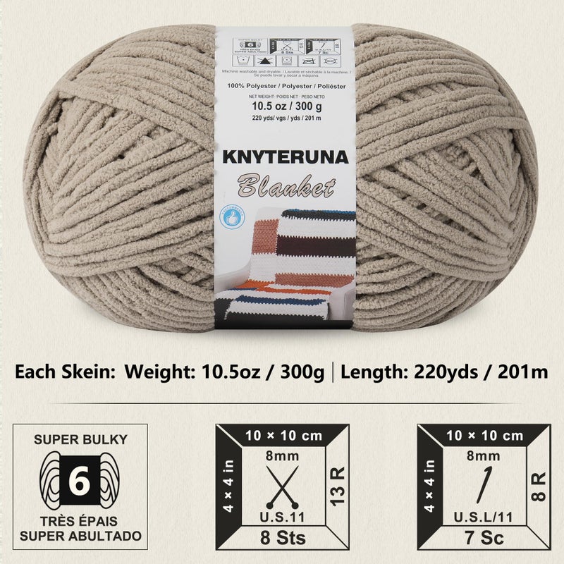 Knyteruna #6 Super Bulky Blanket Yarn for Crocheting - 4 Skeins(Each 10.5oz/300g, 220yds/201m), Chunky Chenille Thick Plush Big Soft Yarn for Crocheting Knitting Blankets, Khaki - Image 2