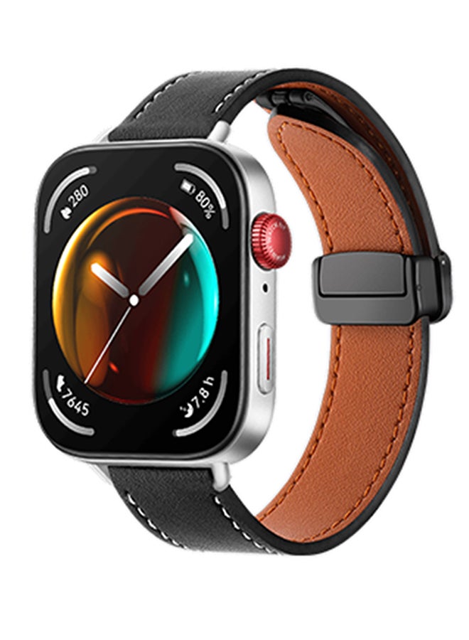 S-Color Leather Strap Compatible with Huawei Watch Fit 3 2024, Magnetic D-Buckle Breathable Genuine Leather Watch Strap, Soft Replacement Bracelet Compatible with Huawei Watch Fit 3 Band Black - Image 1