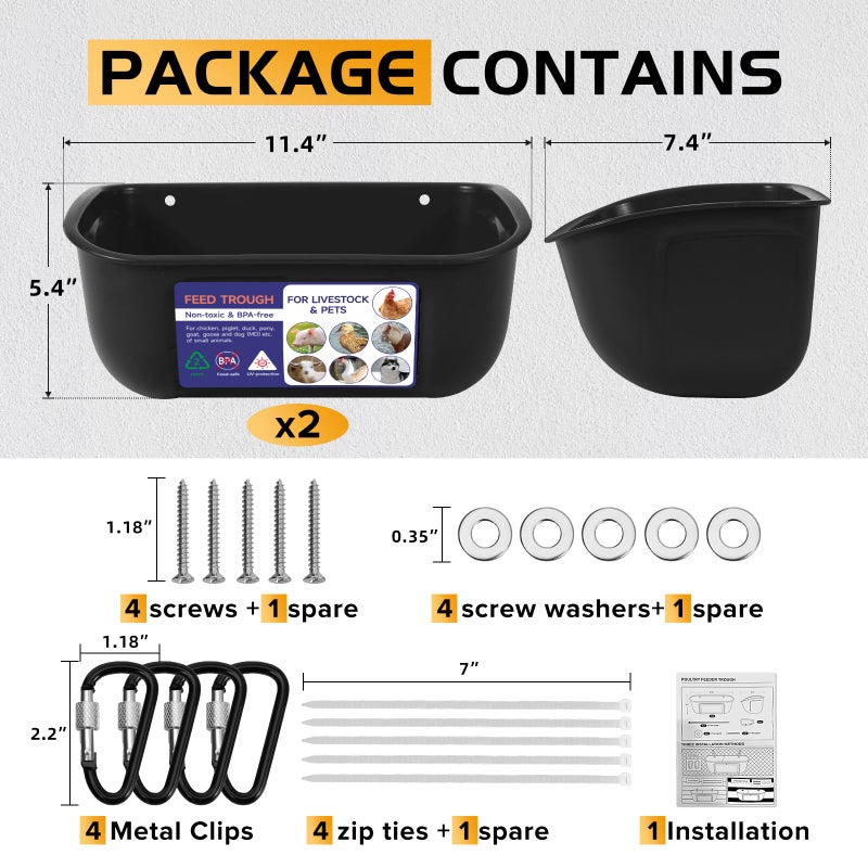Goovilla Chicken Feeder Waterer, Hanging or Screw-in Fence Feeders with Clips, 2 Pack 5 Quart Goat Feeding Supplies, Duck Piglet Sheeple Coop Dog Livestock Poultry Plastic Feeder Trough Bucket, Black - Image 4