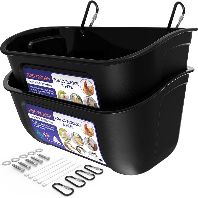 Goovilla Chicken Feeder Waterer, Hanging or Screw-in Fence Feeders with Clips, 2 Pack 5 Quart Goat Feeding Supplies, Duck Piglet Sheeple Coop Dog Livestock Poultry Plastic Feeder Trough Bucket, Black - Image 1