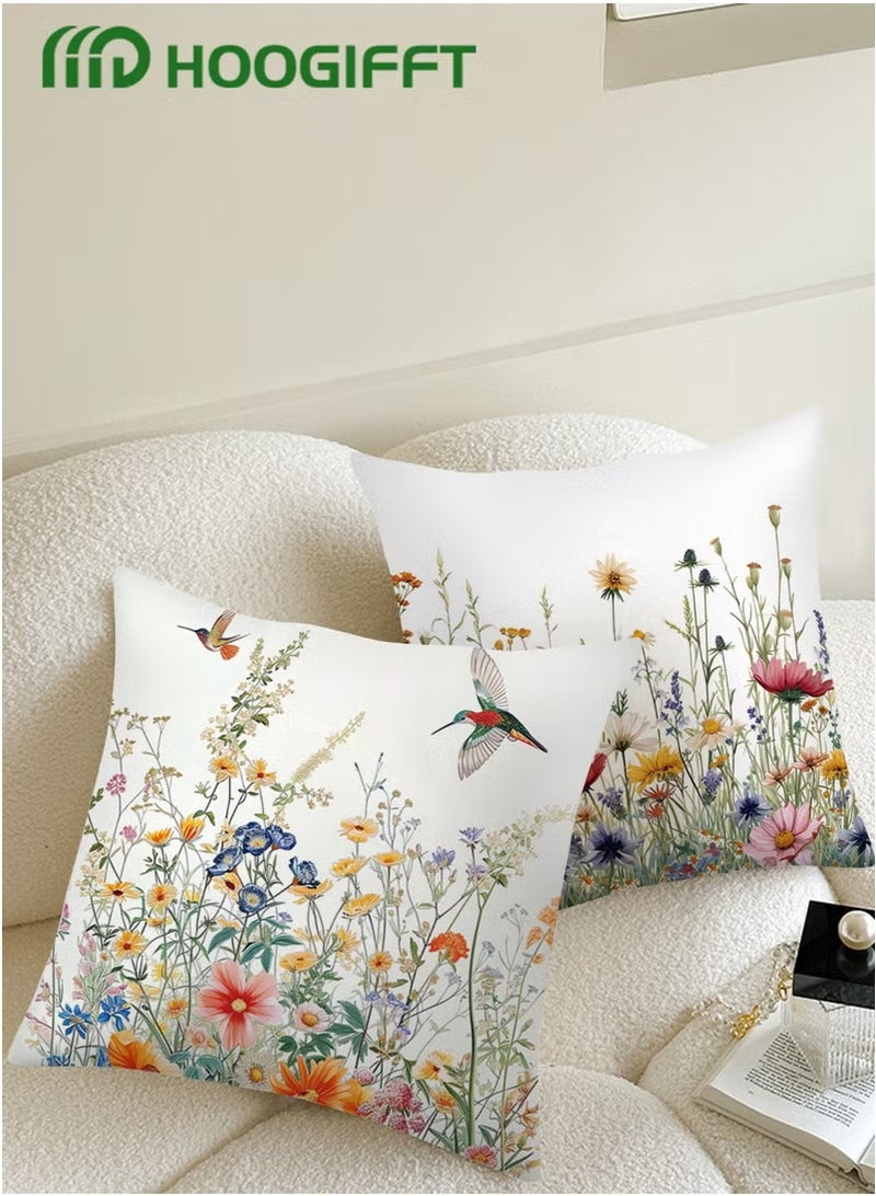 HOOGIFFT Set of 4 Throw Pillow Covers - Birds & Plants Double-Sided Design | 45cm x 45cm (18x18 inches) | Living Room Sofa & Bed Decor - Modern Home Accent | Premium Microfiber  | Machine Washable - Easy Care - Image 2
