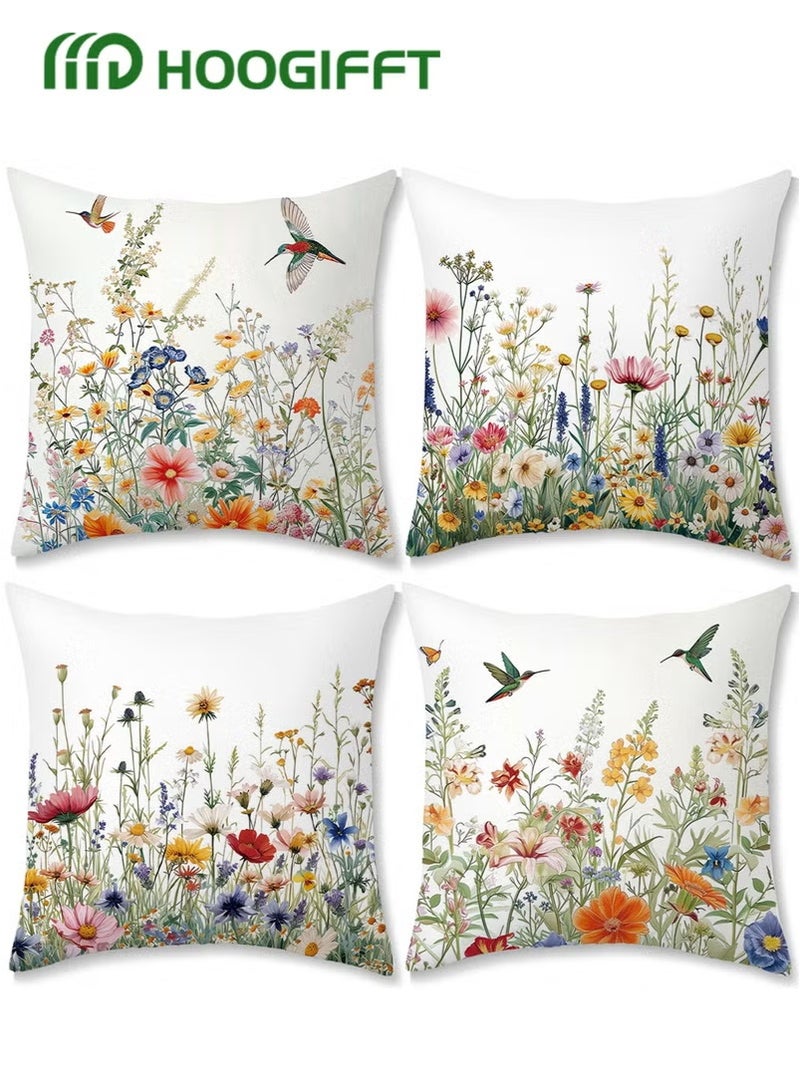 HOOGIFFT Set of 4 Throw Pillow Covers - Birds & Plants Double-Sided Design | 45cm x 45cm (18x18 inches) | Living Room Sofa & Bed Decor - Modern Home Accent | Premium Microfiber  | Machine Washable - Easy Care - Image 1