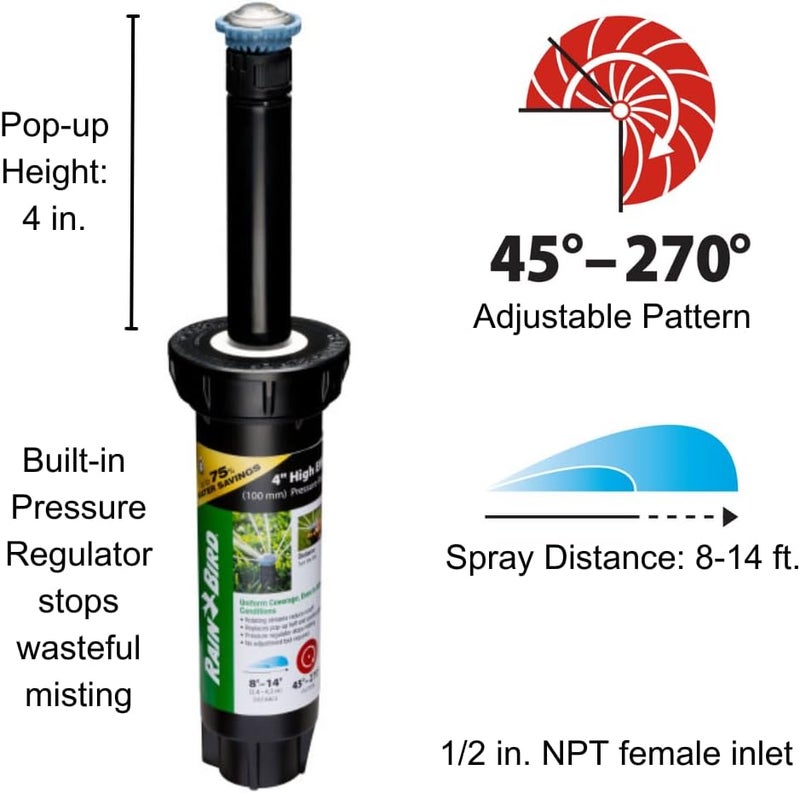 Rainbird 8SAPROPR Pressure Regulating (PRS) High-Efficiency Pro Rotary Sprinkler, Hand Adjustable 45° - 270° Pattern, 8' - 14' Spray Distance, 4" Pop-up Height - Image 1