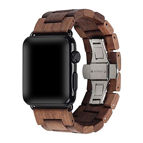 AIYIBEN Wooden Watch Band 42mm 44mm 45mm 49mm with Stainless Steel Butterfly Buckle Compatible for iWatch Ultra 2 SE Series 9 8 7 6 5 4 3 2 1(Walnut) - Image 1