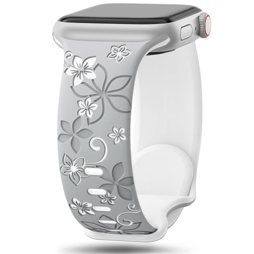 SuperNaNa Floral Engraved Bands Compatible with Apple Watch Band 41mm 40mm 44mm 45mm 42mm 38mm 46mm 49mm for WomenCute Flower iWatch Bands Soft Silicone Sport Strap for iWatch Series SE 10 9 8 7 6 5 4 3 2 1 - Image 1