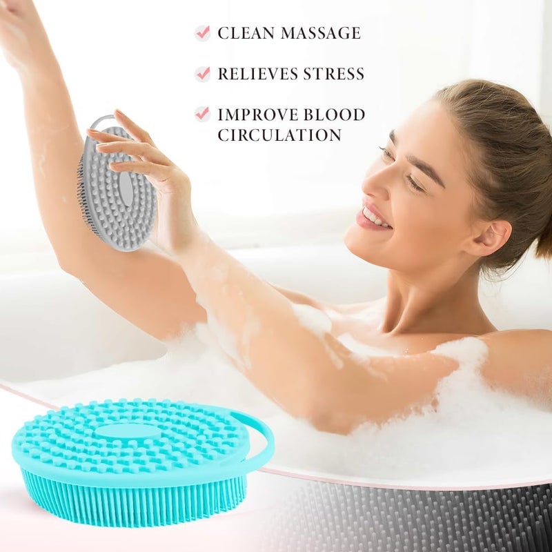 KQNBI Silicone Body Scrubber 2 Pack - 2 in 1 Exfoliating Loofah With Handle, Bath Scrubber, Scalp Massager and Shampoo Brush - Image 2