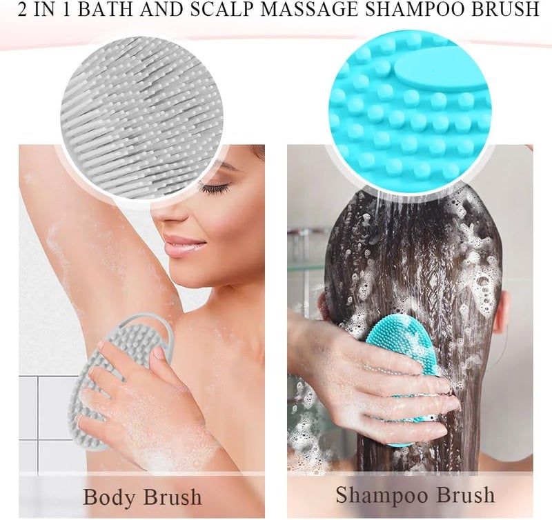 KQNBI Silicone Body Scrubber 2 Pack - 2 in 1 Exfoliating Loofah With Handle, Bath Scrubber, Scalp Massager and Shampoo Brush - Image 4