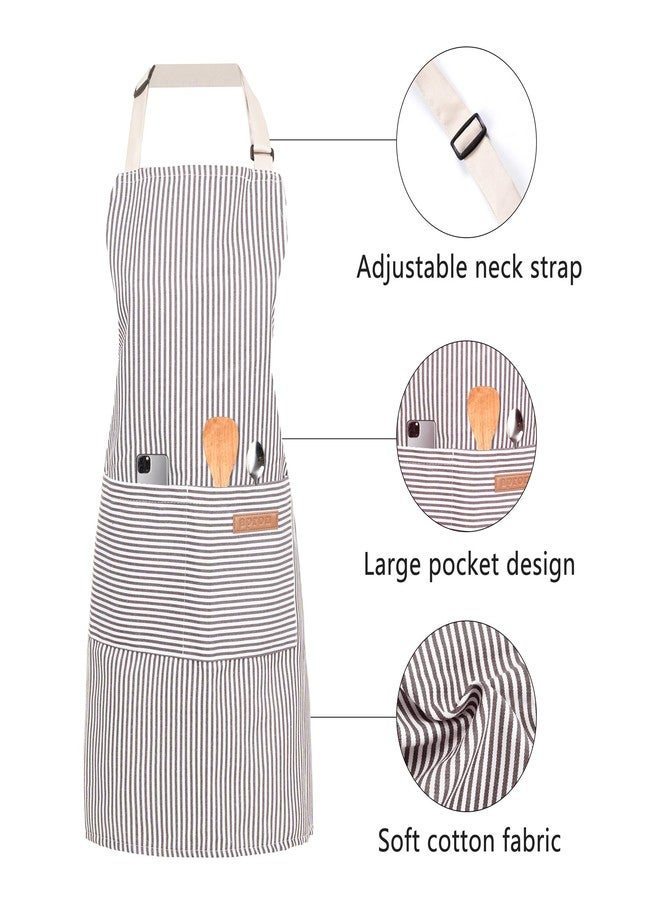 ARBINSON 2 Pack Cooking Aprons Adjustable Bib Apron for Women with 2 Pockets, Kitchen Restaurant Men Chefs Aprons (Beige/Black Stripes) - Image 3
